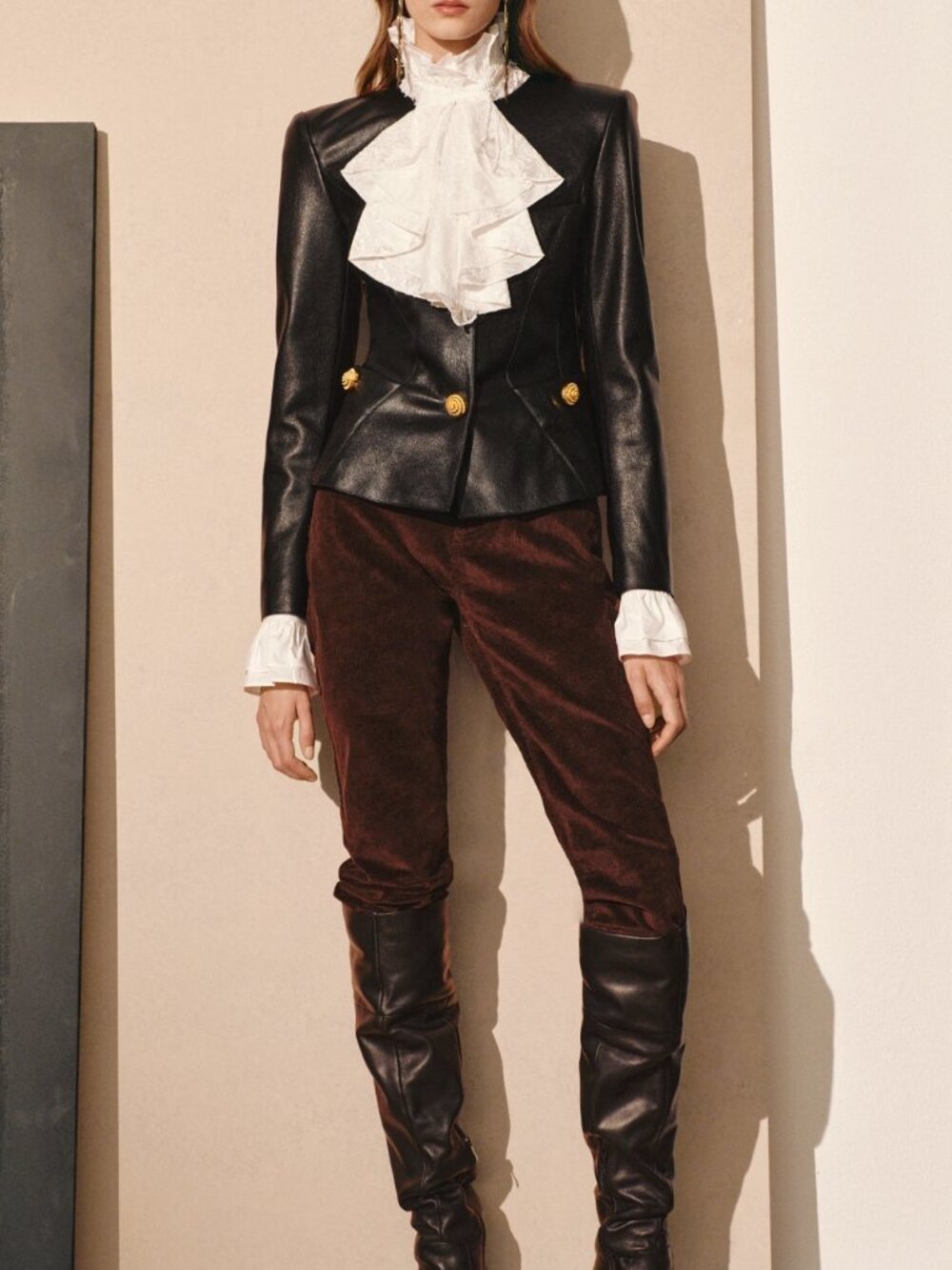 Black Elegant Women's Waist-Cinched Round Neck Faux Leather Jacket